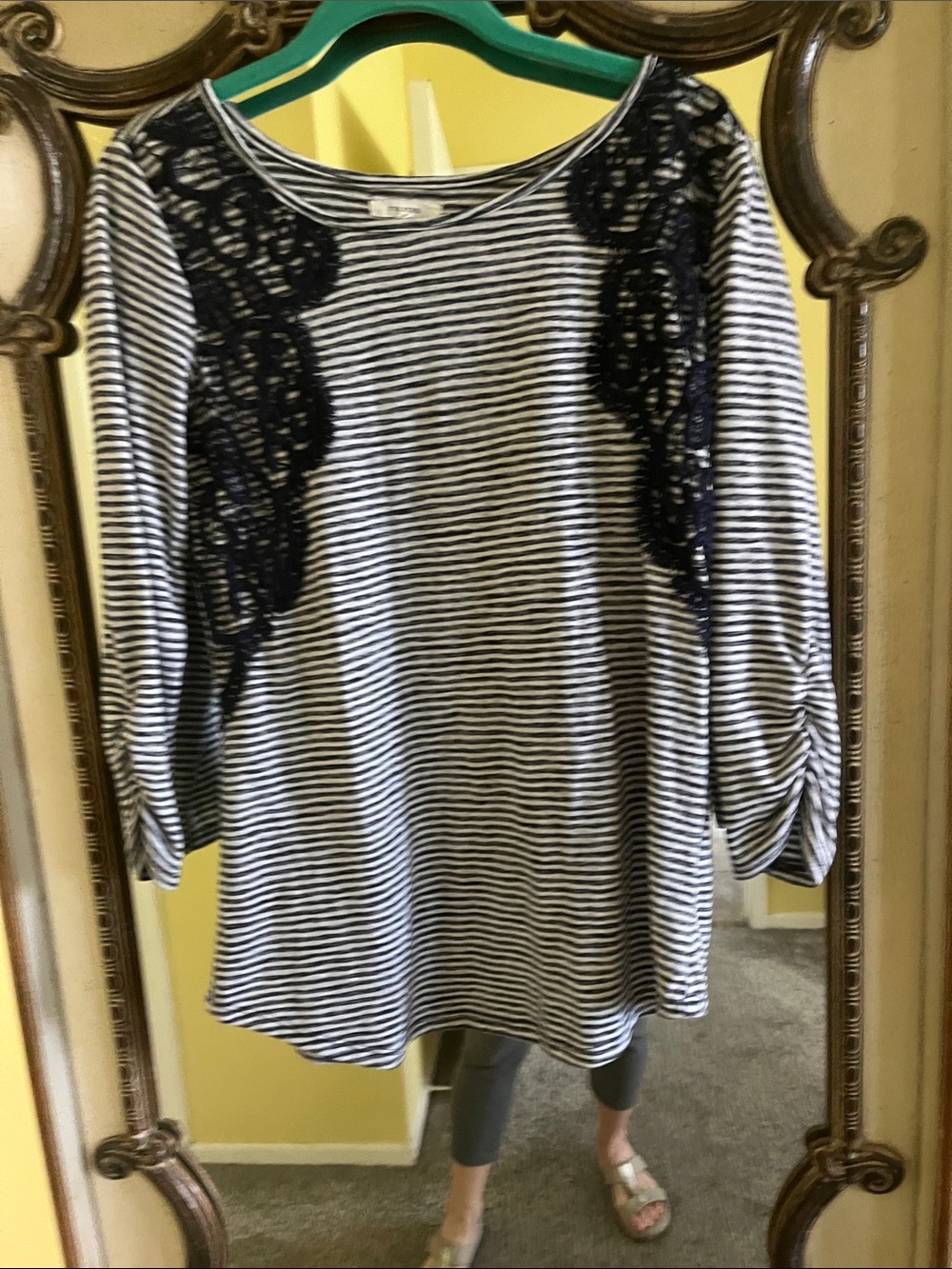 Maurices Black & White Striped Long Sleeve Top with Lace Accents